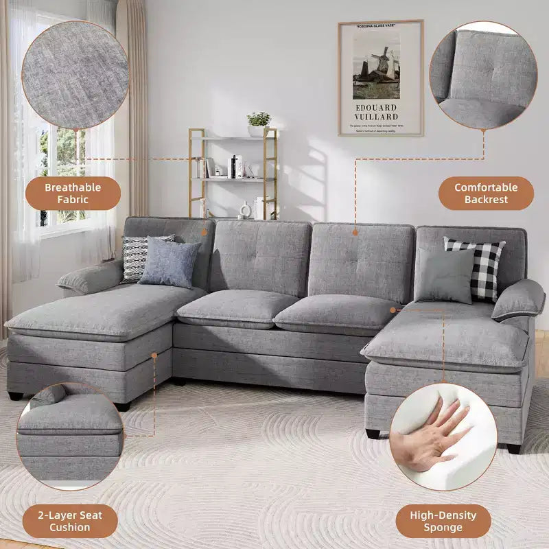 Divano componibile a U da 110" a 3 pezzi con chaise longue, 4 posti e pouf