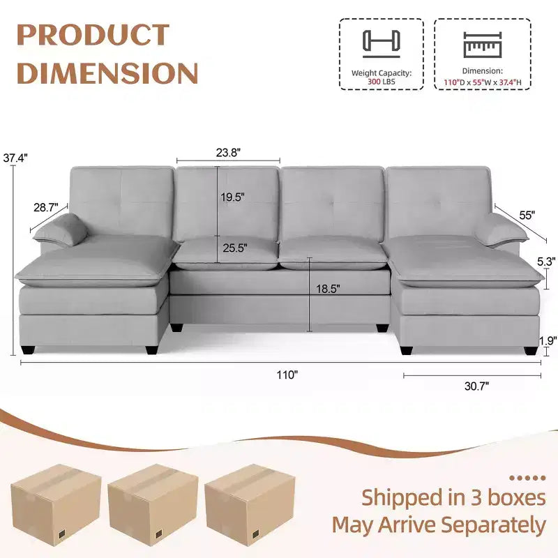 Divano componibile a U da 110" a 3 pezzi con chaise longue, 4 posti e pouf
