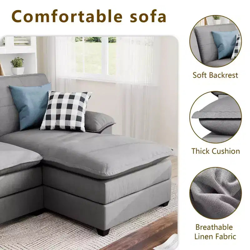 Divano componibile a U da 110" a 3 pezzi con chaise longue, 4 posti e pouf