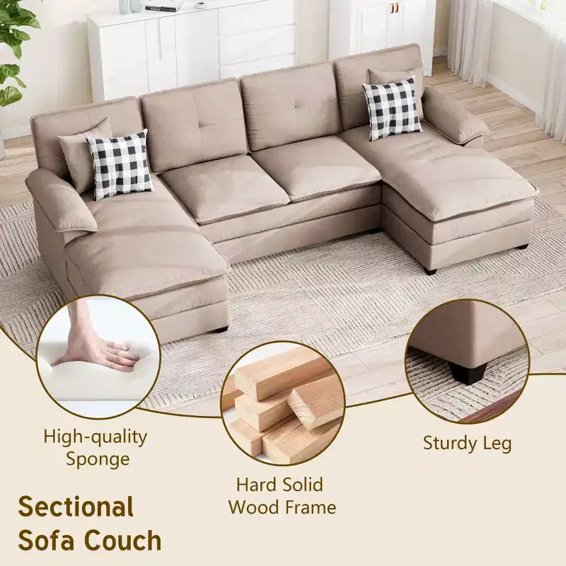 Divano componibile a U da 110" a 3 pezzi con chaise longue, 4 posti e pouf