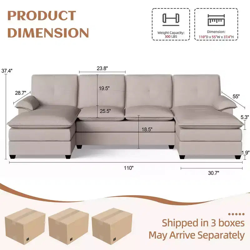 Divano componibile a U da 110" a 3 pezzi con chaise longue, 4 posti e pouf