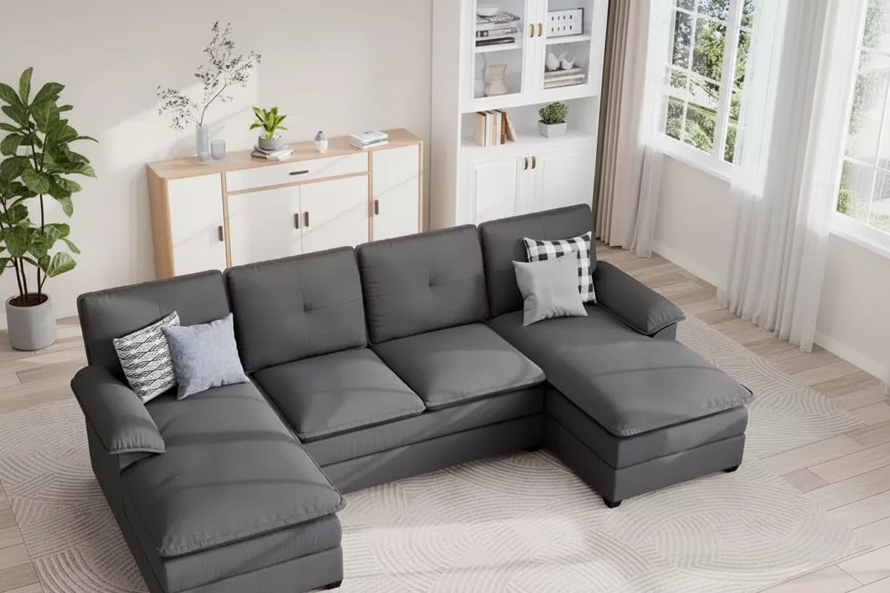 Celebalcony 3-Piece Upholstered Sectional with Chaise. 110 U-Shaped Sofa 4-seat Modular Sofa Large Couch with Ottoman for Living Room