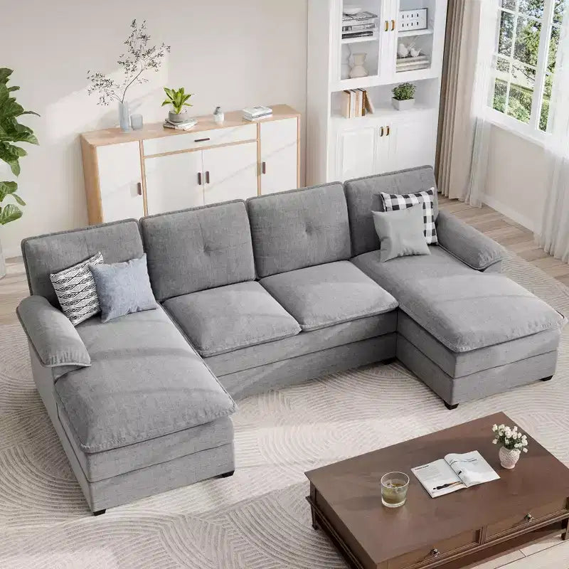 Divano componibile a U da 110" a 3 pezzi con chaise longue, 4 posti e pouf