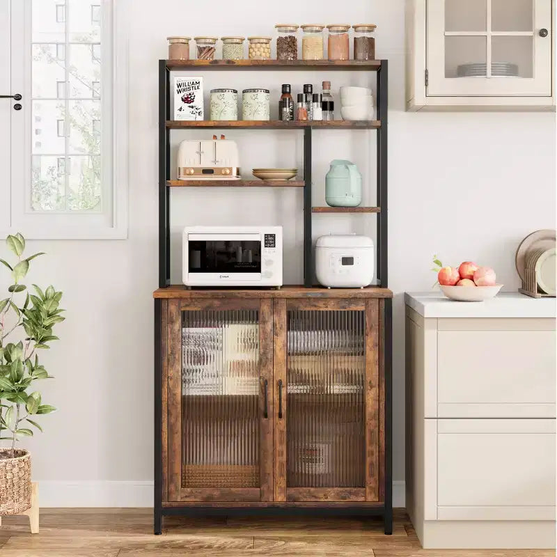64.5 Cabinet with 5 Tier Microwave Stand Large Baker Rack Coffee Bar Station