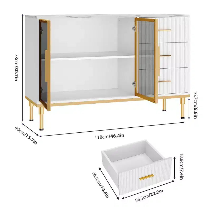Credenza/Mobile Buffet da Cucina con Ante in Vetro e Cassetti, Top Effetto Marmo, 117 cm