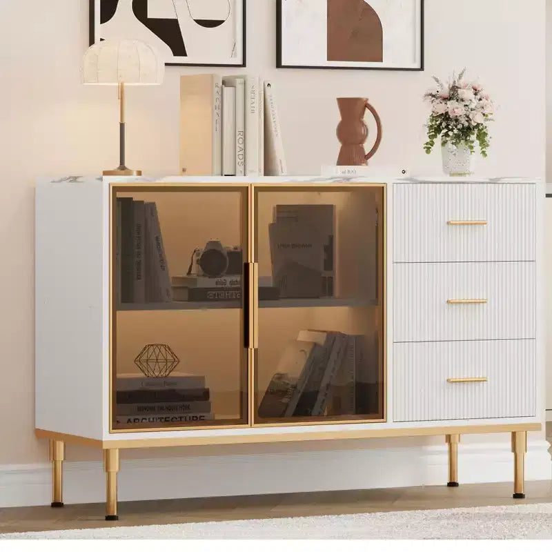 Credenza/Mobile Buffet da Cucina con Ante in Vetro e Cassetti, Top Effetto Marmo, 117 cm
