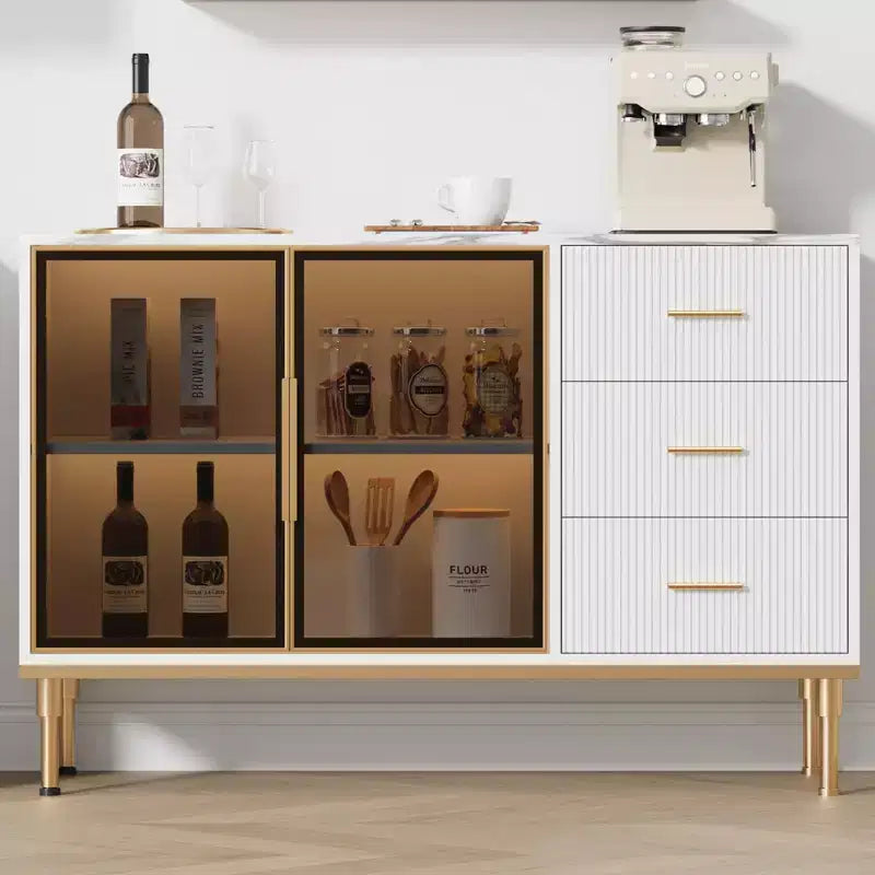 Credenza/Mobile Buffet da Cucina con Ante in Vetro e Cassetti, Top Effetto Marmo, 117 cm