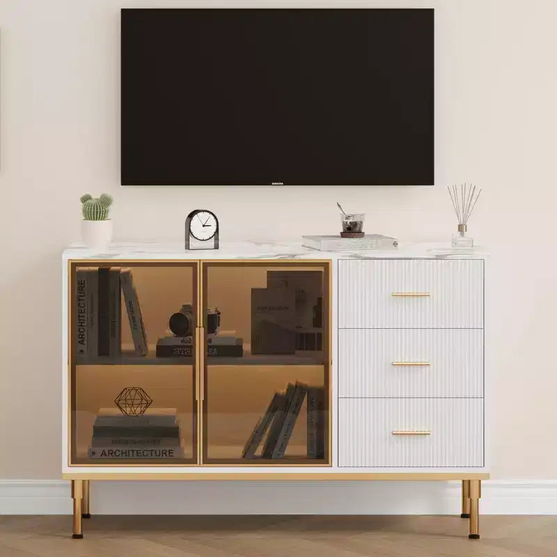 Credenza/Mobile Buffet da Cucina con Ante in Vetro e Cassetti, Top Effetto Marmo, 117 cm
