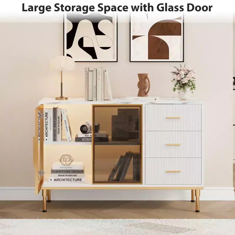 Credenza/Mobile Buffet da Cucina con Ante in Vetro e Cassetti, Top Effetto Marmo, 117 cm