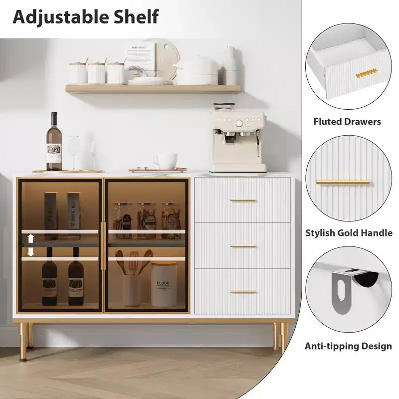 Credenza/Mobile Buffet da Cucina con Ante in Vetro e Cassetti, Top Effetto Marmo, 117 cm