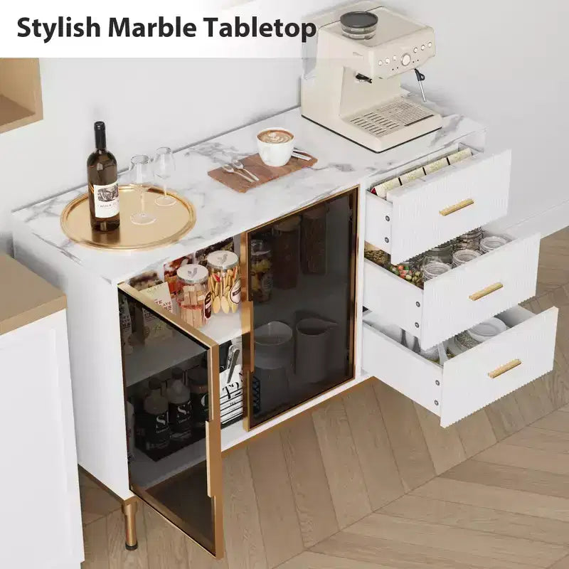 Credenza/Mobile Buffet da Cucina con Ante in Vetro e Cassetti, Top Effetto Marmo, 117 cm