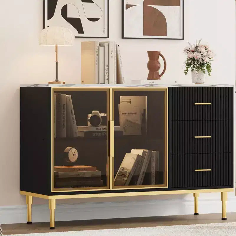 Credenza/Mobile Buffet da Cucina con Ante in Vetro e Cassetti, Top Effetto Marmo, 117 cm