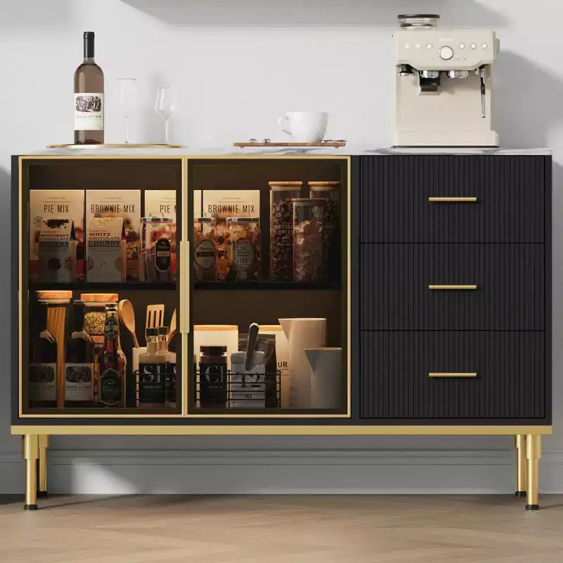 Credenza/Mobile Buffet da Cucina con Ante in Vetro e Cassetti, Top Effetto Marmo, 117 cm