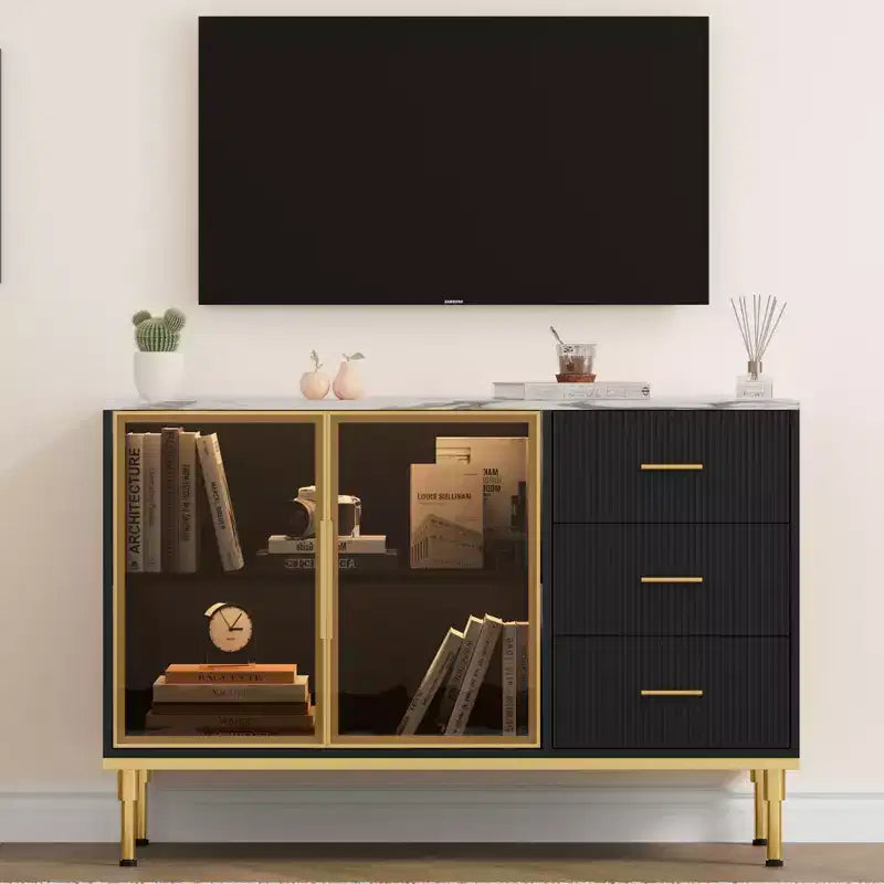 Credenza/Mobile Buffet da Cucina con Ante in Vetro e Cassetti, Top Effetto Marmo, 117 cm