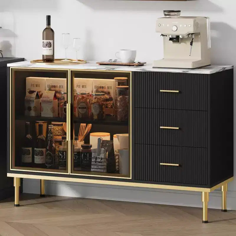 COZONY 46.4 Faux Marble Top Kitchen Cabinet with Glass Doors, Buffet Sideboard with Storage, Drawers & Adjustable Shelves for Dining Room