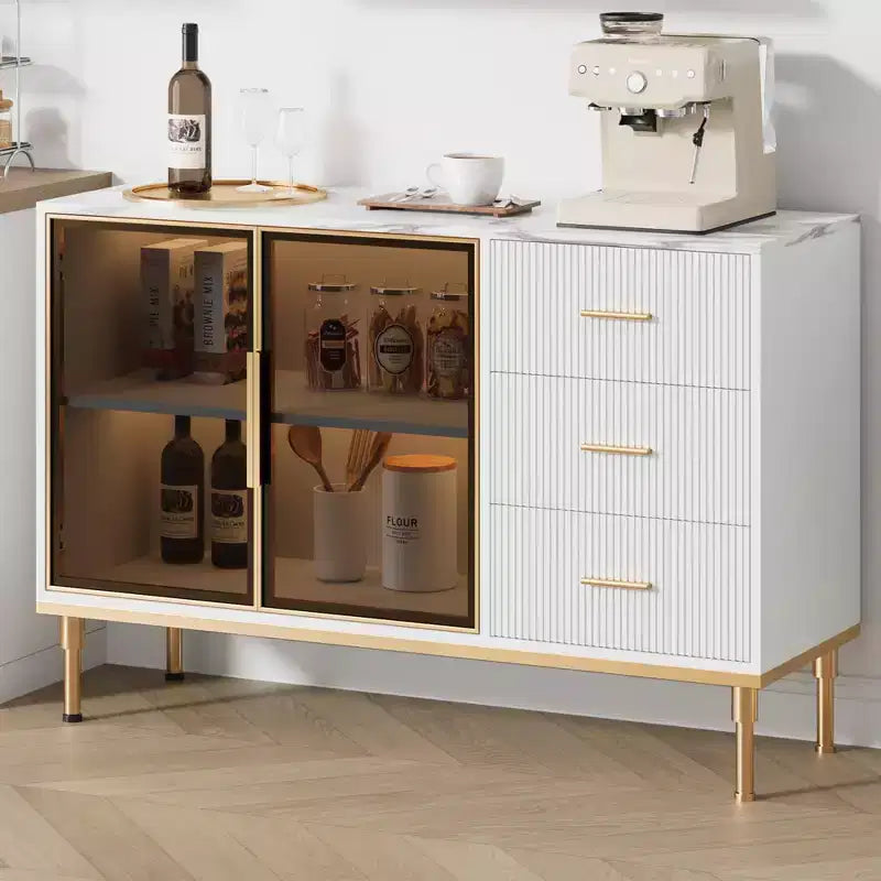 Credenza/Mobile Buffet da Cucina con Ante in Vetro e Cassetti, Top Effetto Marmo, 117 cm
