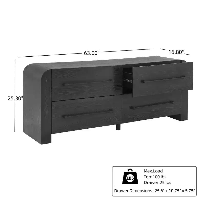 Cassettiera moderna da 63" a 4 cassetti, mobile contenitore per camera da letto