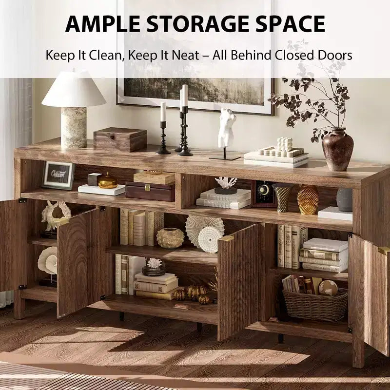 Madia Scanalata con Sportelli, 167 cm, Credenza a 4 Ante con Spazio Contenitore per Sala da Pranzo