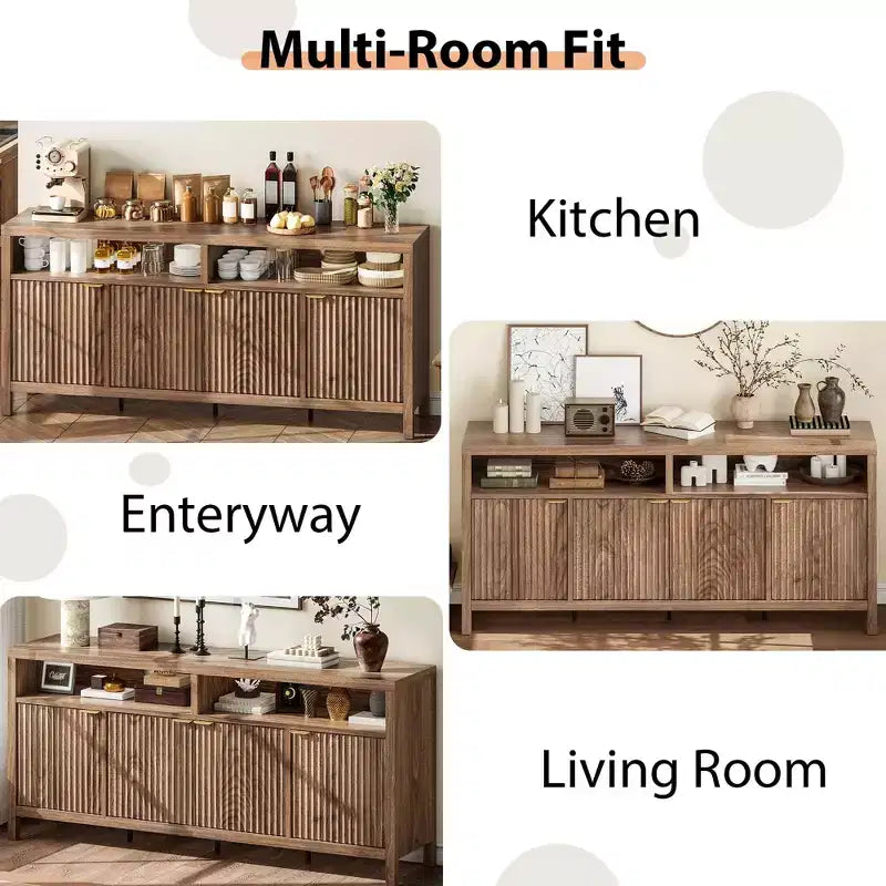Madia Scanalata con Sportelli, 167 cm, Credenza a 4 Ante con Spazio Contenitore per Sala da Pranzo