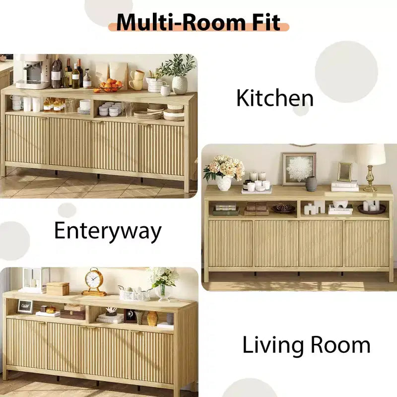 Madia Scanalata con Sportelli, 167 cm, Credenza a 4 Ante con Spazio Contenitore per Sala da Pranzo