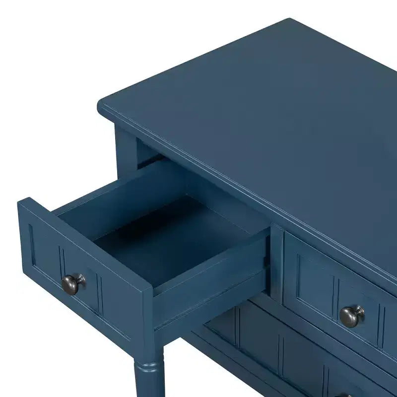 Tavolo Consolle Stretto Tavolino da Divano Slim con 3 Cassetti e Ripiano Inferiore Blu Scuro