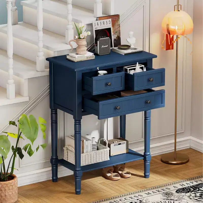 Tavolo Consolle Stretto Tavolino da Divano Slim con 3 Cassetti e Ripiano Inferiore Blu Scuro