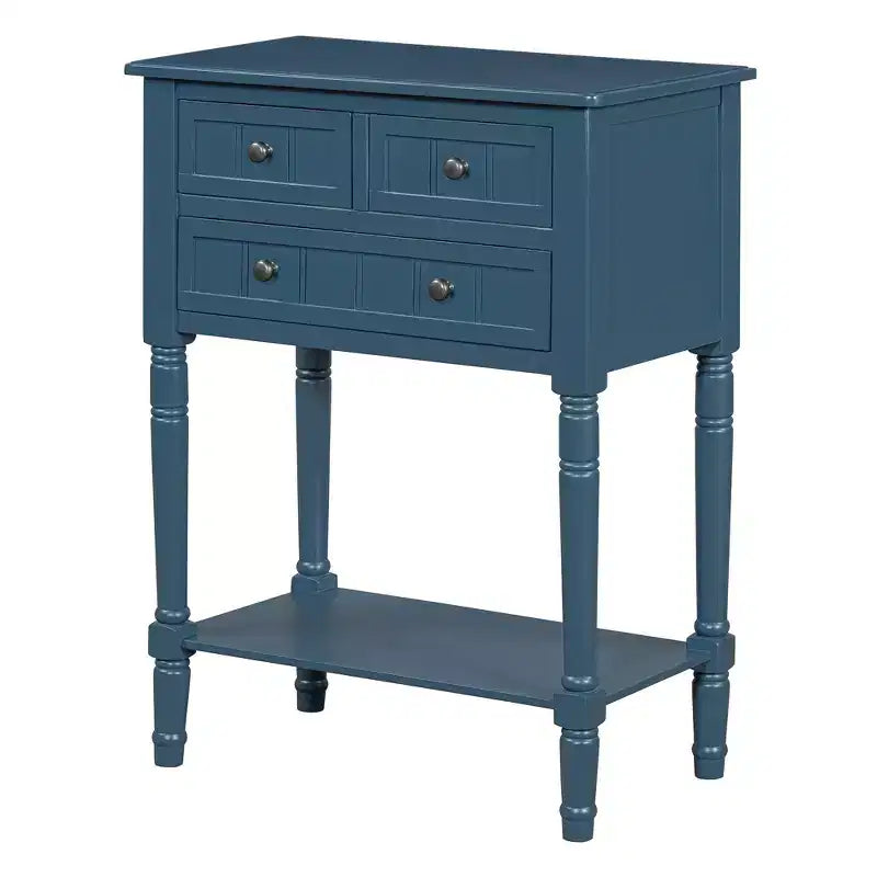 Tavolo Consolle Stretto Tavolino da Divano Slim con 3 Cassetti e Ripiano Inferiore Blu Scuro