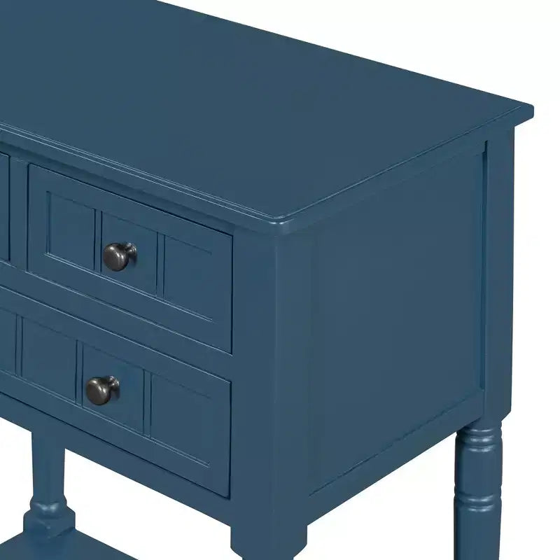 Tavolo Consolle Stretto Tavolino da Divano Slim con 3 Cassetti e Ripiano Inferiore Blu Scuro