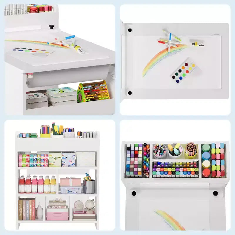 Tavolo d'arte per bambini con sedie, Mobili in legno per bambini, Tavolo creativo con ampi scaffali, Scrivania da disegno in legno, per aule, asili nido, casa