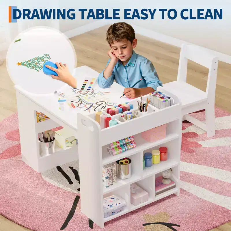 Tavolo d'arte per bambini con sedie, Mobili in legno per bambini, Tavolo creativo con ampi scaffali, Scrivania da disegno in legno, per aule, asili nido, casa