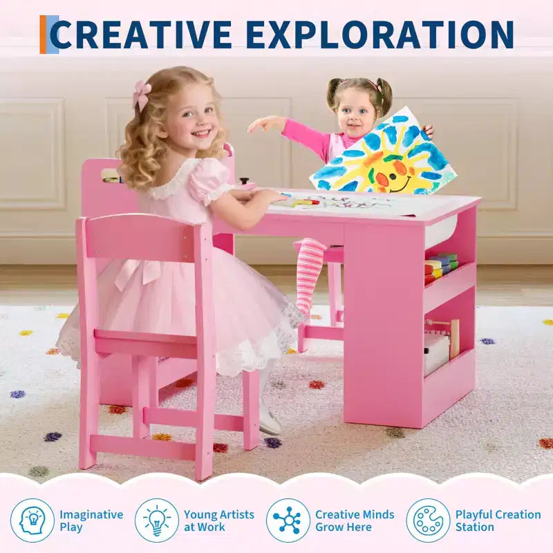 Tavolo d'arte per bambini con sedie, Mobili in legno per bambini, Tavolo creativo con ampi scaffali, Scrivania da disegno in legno, per aule, asili nido, casa
