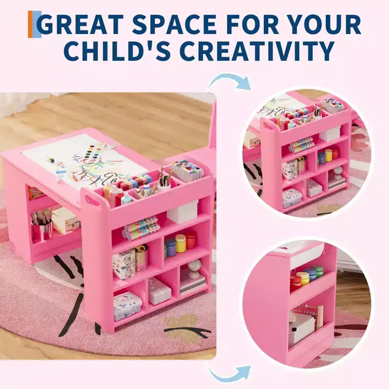 Tavolo d'arte per bambini con sedie, Mobili in legno per bambini, Tavolo creativo con ampi scaffali, Scrivania da disegno in legno, per aule, asili nido, casa