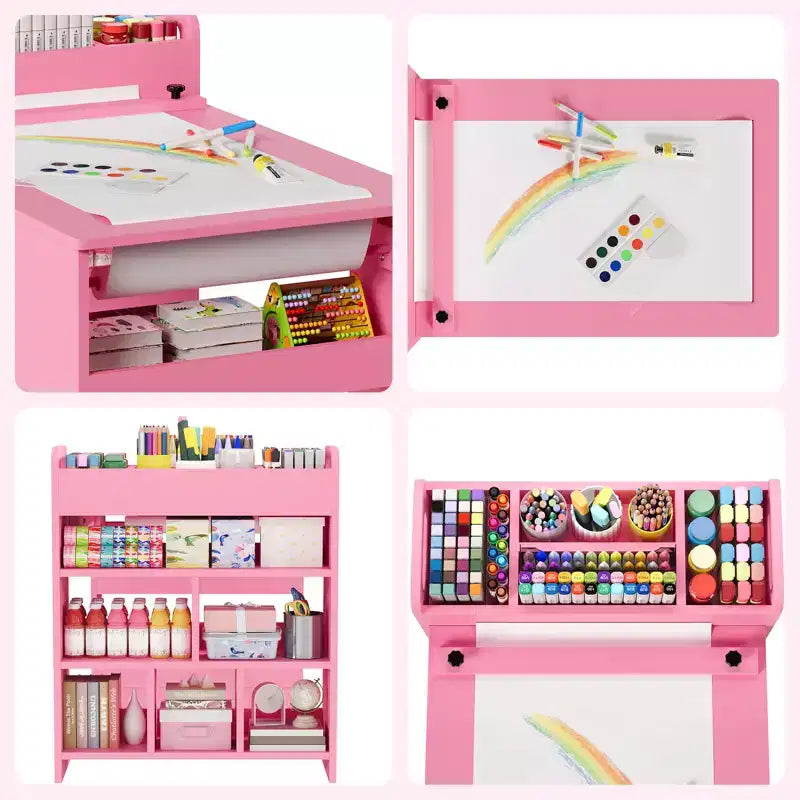 Tavolo d'arte per bambini con sedie, Mobili in legno per bambini, Tavolo creativo con ampi scaffali, Scrivania da disegno in legno, per aule, asili nido, casa