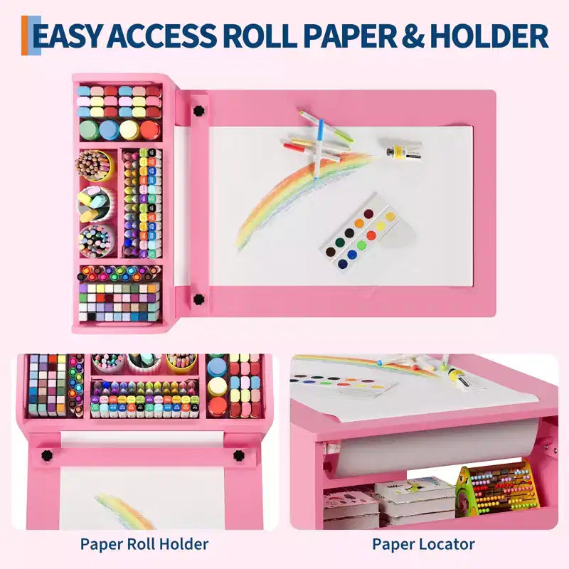 Tavolo d'arte per bambini con sedie, Mobili in legno per bambini, Tavolo creativo con ampi scaffali, Scrivania da disegno in legno, per aule, asili nido, casa