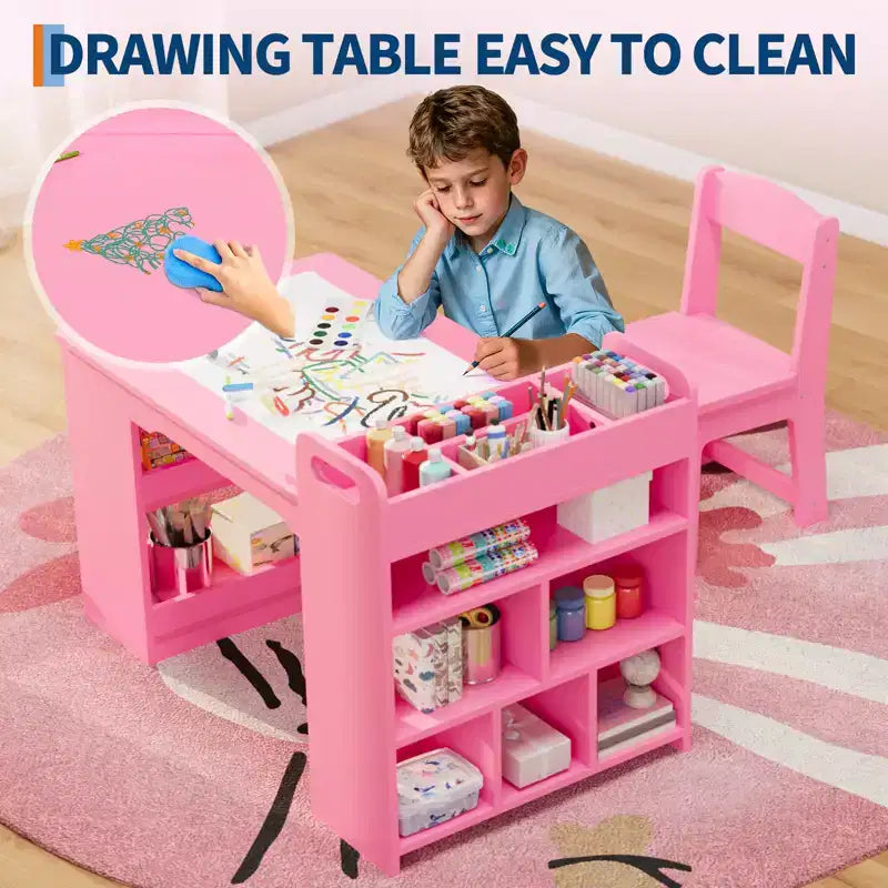 Tavolo d'arte per bambini con sedie, Mobili in legno per bambini, Tavolo creativo con ampi scaffali, Scrivania da disegno in legno, per aule, asili nido, casa