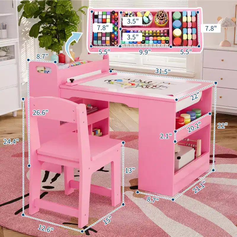 Tavolo d'arte per bambini con sedie, Mobili in legno per bambini, Tavolo creativo con ampi scaffali, Scrivania da disegno in legno, per aule, asili nido, casa