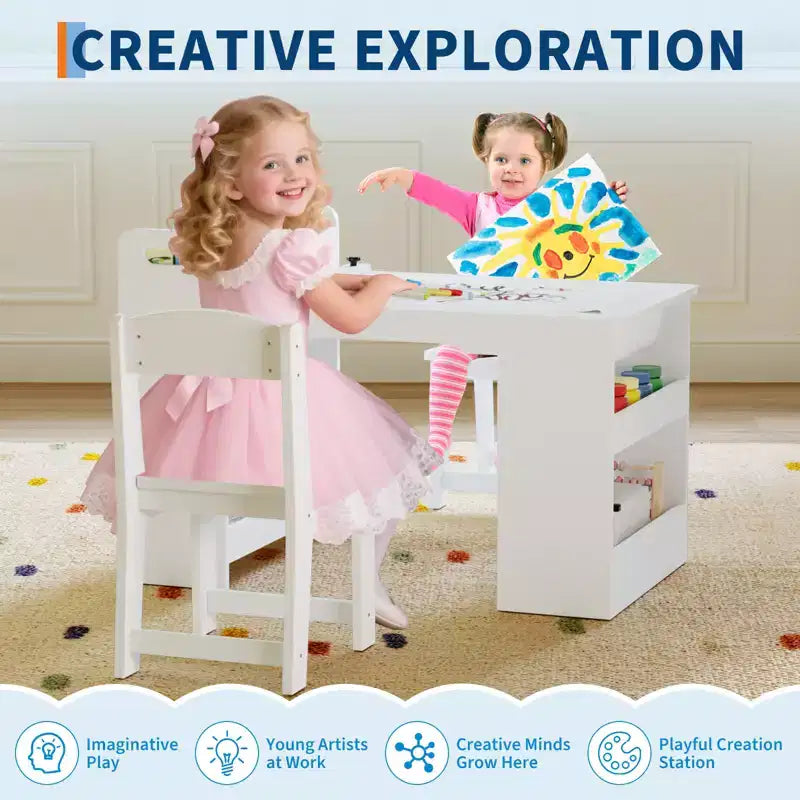 Tavolo d'arte per bambini con sedie, Mobili in legno per bambini, Tavolo creativo con ampi scaffali, Scrivania da disegno in legno, per aule, asili nido, casa