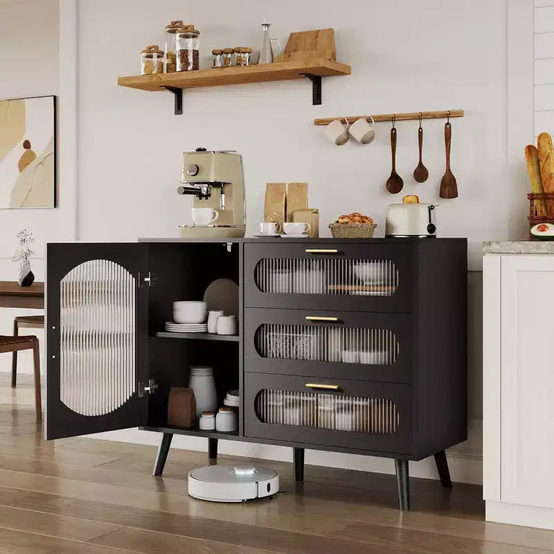GustoWave Buffet Cabinet with Storage, Sideboard Cabinet with Fluted Glass Door and Drawers, Black Sideboard for Kitchen, Dining Room