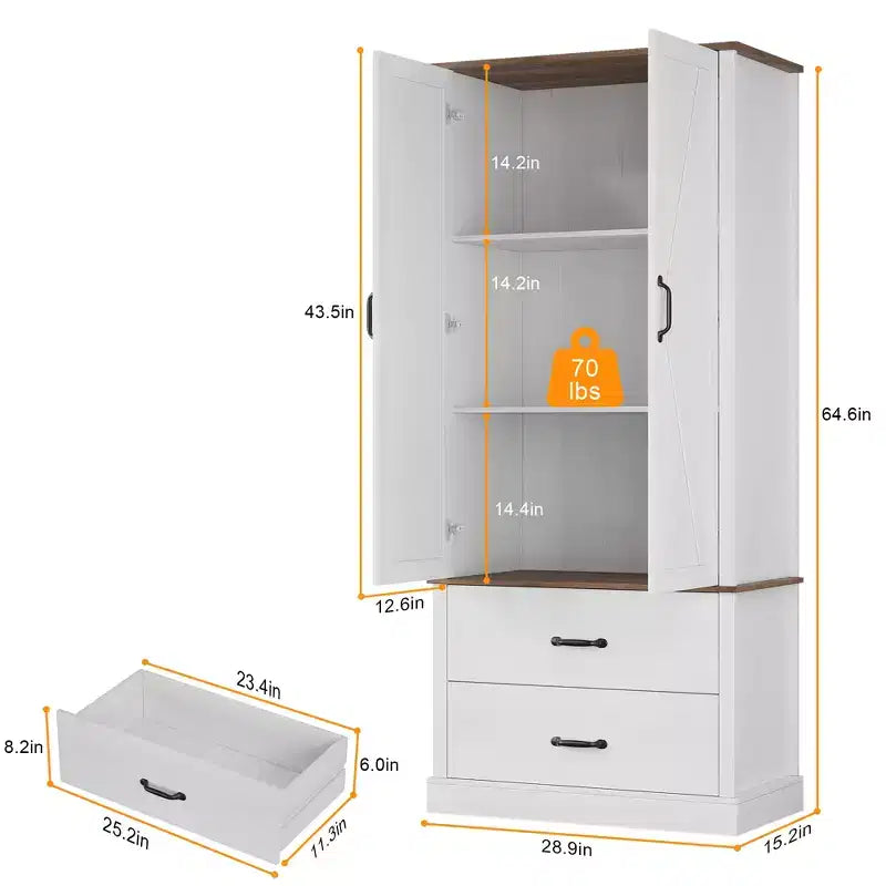 Dispensa da cucina moderna con ripiani regolabili e 2 ante e cassetti, Armadio per sala da pranzo, soggiorno, Bianco e Grigio rustico