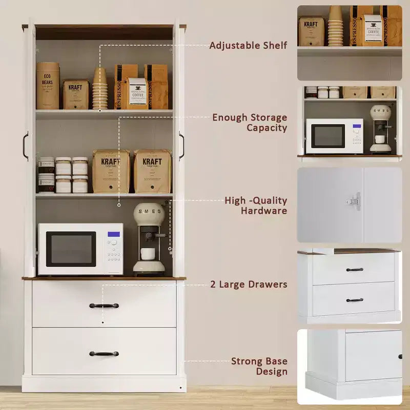 Dispensa da cucina moderna con ripiani regolabili e 2 ante e cassetti, Armadio per sala da pranzo, soggiorno, Bianco e Grigio rustico