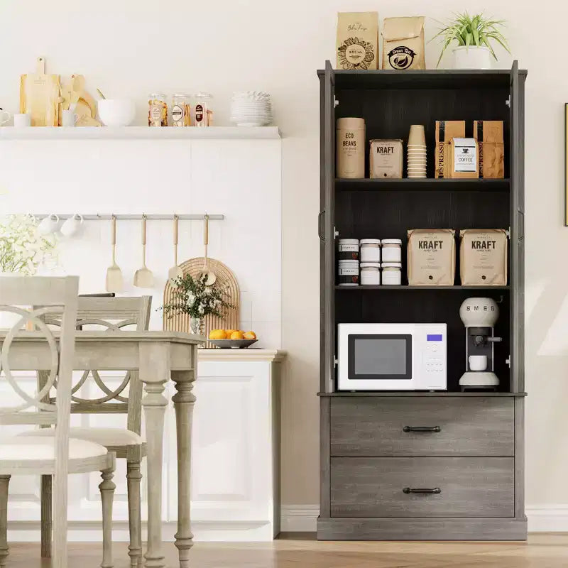 Dispensa da cucina moderna con ripiani regolabili e 2 ante e cassetti, Armadio per sala da pranzo, soggiorno, Bianco e Grigio rustico