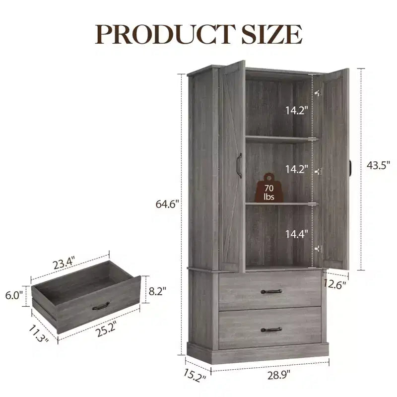 Dispensa da cucina moderna con ripiani regolabili e 2 ante e cassetti, Armadio per sala da pranzo, soggiorno, Bianco e Grigio rustico