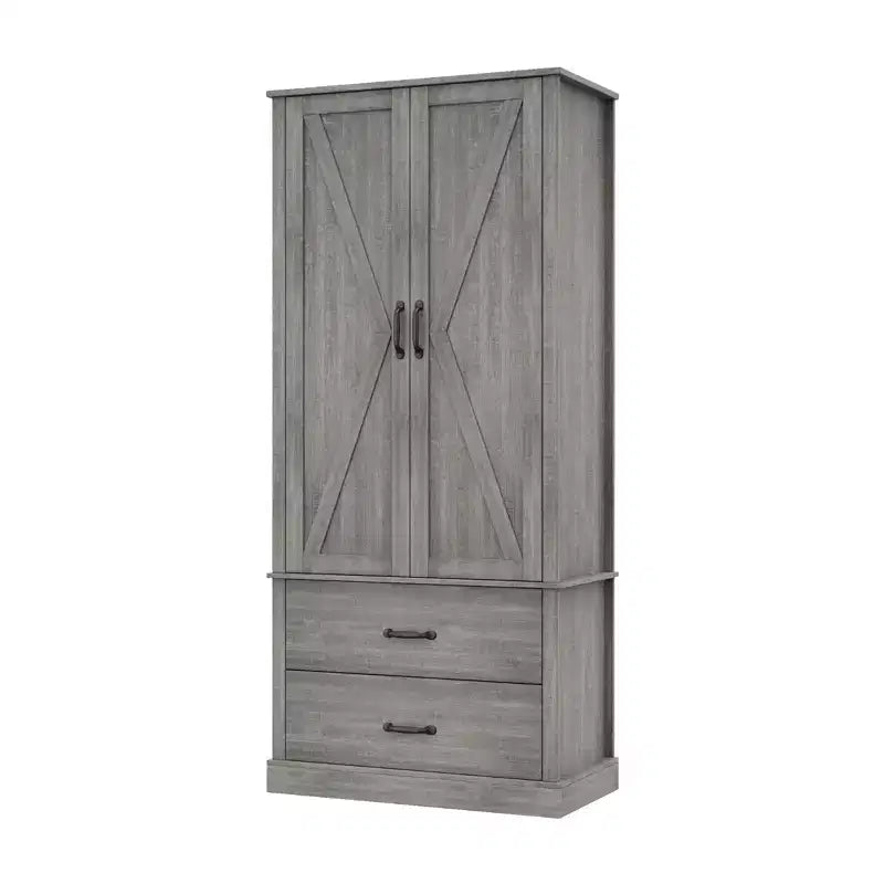 Dispensa da cucina moderna con ripiani regolabili e 2 ante e cassetti, Armadio per sala da pranzo, soggiorno, Bianco e Grigio rustico