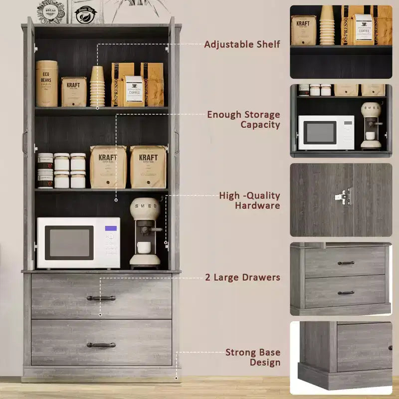 Dispensa da cucina moderna con ripiani regolabili e 2 ante e cassetti, Armadio per sala da pranzo, soggiorno, Bianco e Grigio rustico