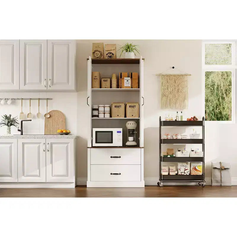 Dispensa da cucina moderna con ripiani regolabili e 2 ante e cassetti, Armadio per sala da pranzo, soggiorno, Bianco e Grigio rustico