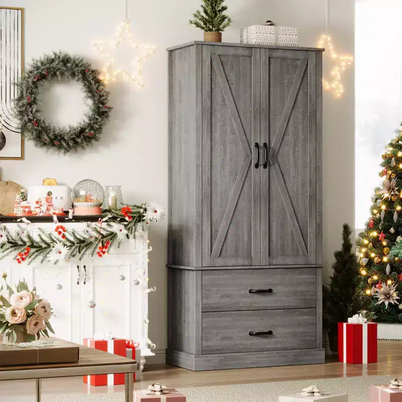 Modern Kitchen Pantry Closet with Adjustable Shelves and 2 Doors and Drawers, Cupboard for Dining Room, Living Room, White & Rustic Grey
