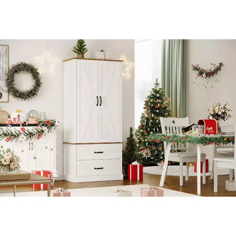 Dispensa da cucina moderna con ripiani regolabili e 2 ante e cassetti, Armadio per sala da pranzo, soggiorno, Bianco e Grigio rustico