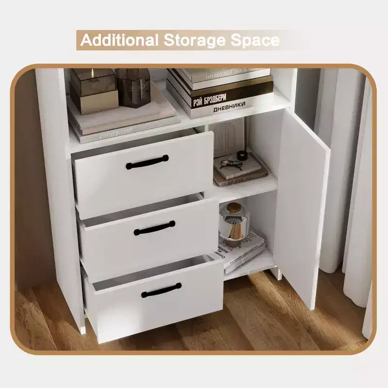 Libreria a 6 ripiani con anta e 3 cassetti, scaffale alto 180 cm con 3 ripiani aperti, libreria in legno con armadietto contenitore per casa, ufficio, soggiorno