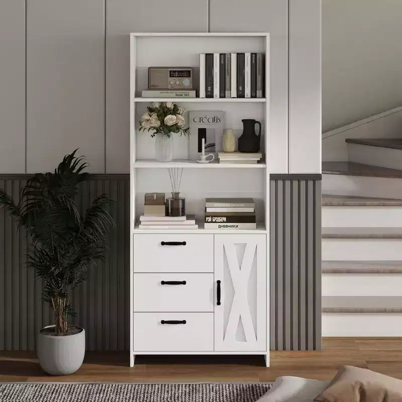 Libreria a 6 ripiani con anta e 3 cassetti, scaffale alto 180 cm con 3 ripiani aperti, libreria in legno con armadietto contenitore per casa, ufficio, soggiorno