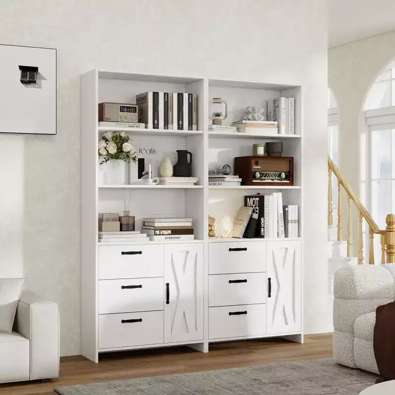 Libreria a 6 ripiani con anta e 3 cassetti, scaffale alto 180 cm con 3 ripiani aperti, libreria in legno con armadietto contenitore per casa, ufficio, soggiorno